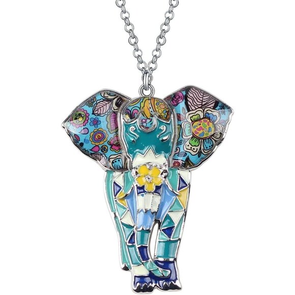 Women's Blue Jungle Safari Wild Enamel Pendant Lightweight Elephant Necklace - Picture 1 of 6